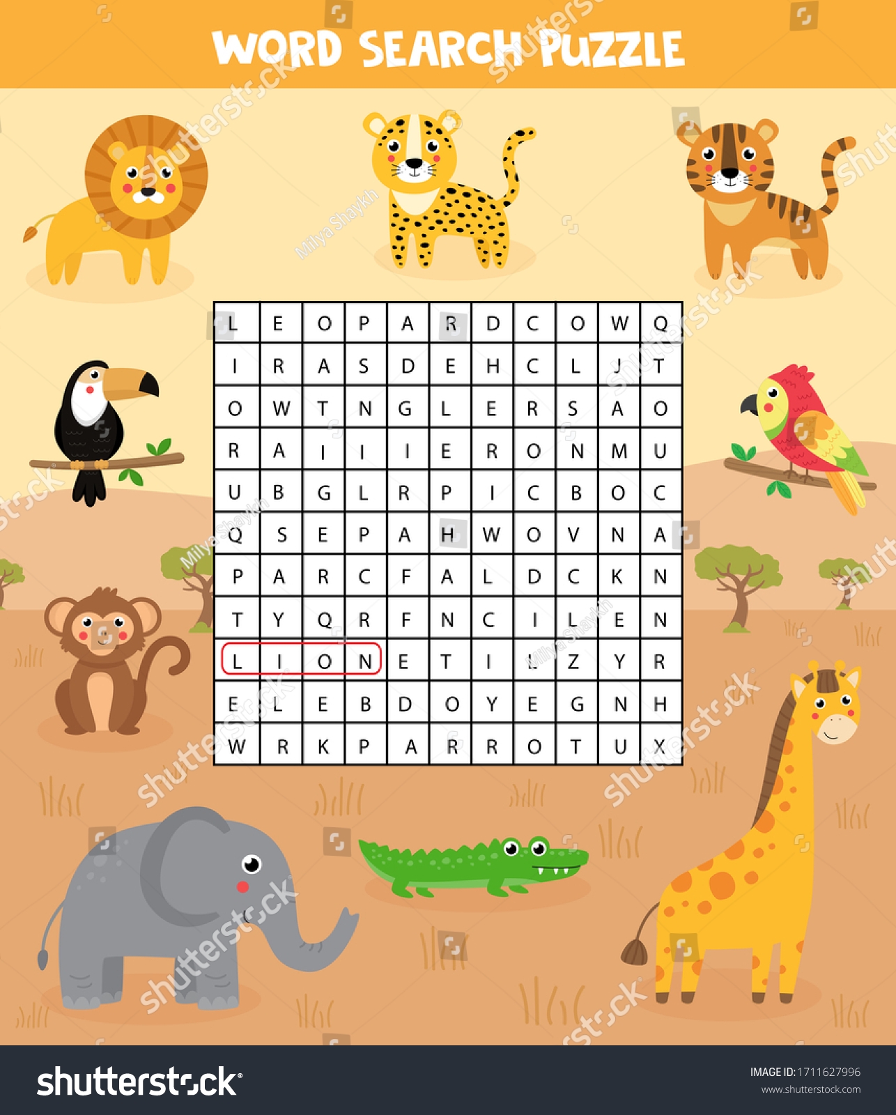 1 Hundred Safari Animal Word Search Royalty Free Images Stock 