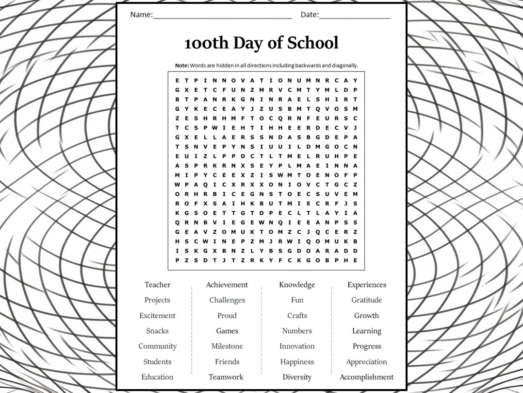 100th Day Of School Word Search Puzzle Worksheet Activity Teaching Resources