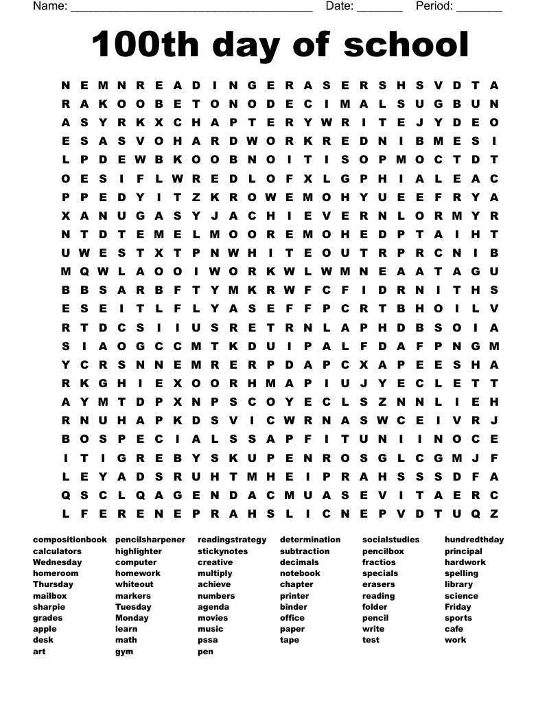 100th Day Of School Word Search WordMint