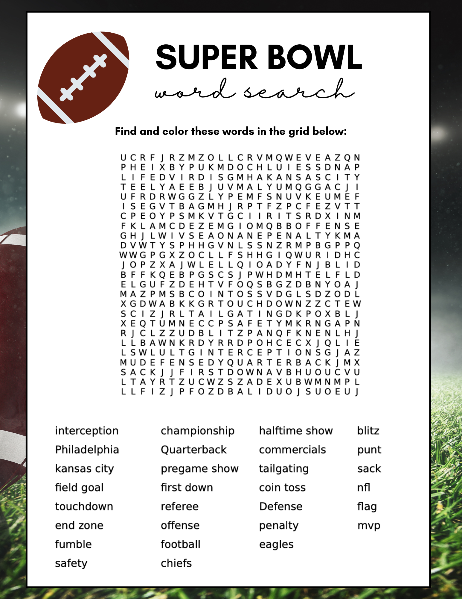 Superbowl Word Search Printable