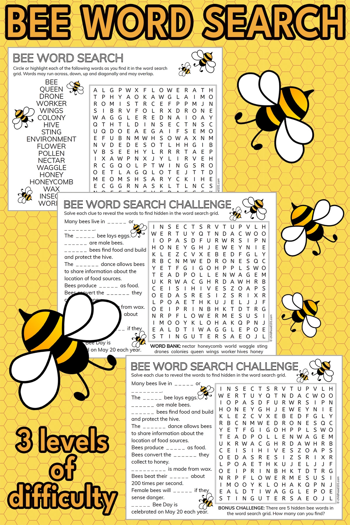 3 Bee Word Search Printables With A Fun Bee Challenge