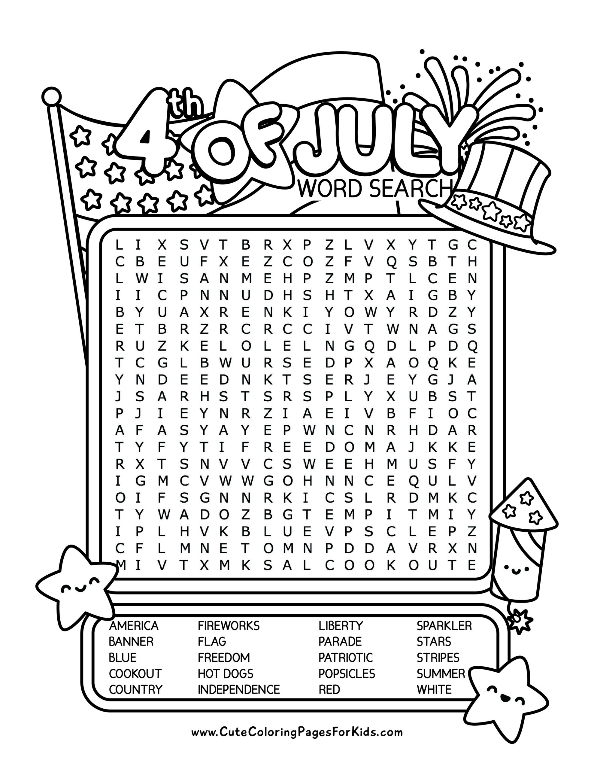 4th Of July Word Search Free Printable Activity For Kids Cute 