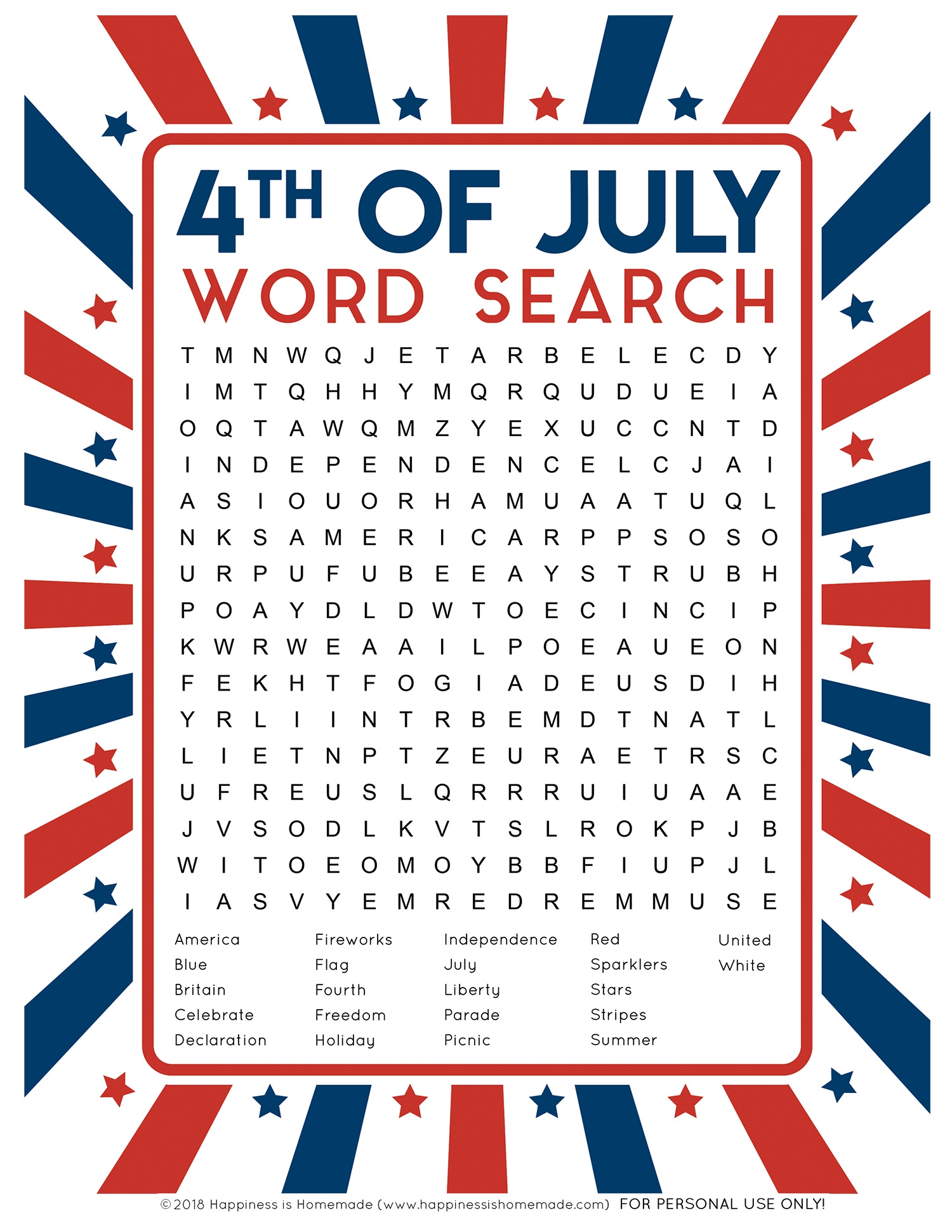 4th Of July Printable Word Search