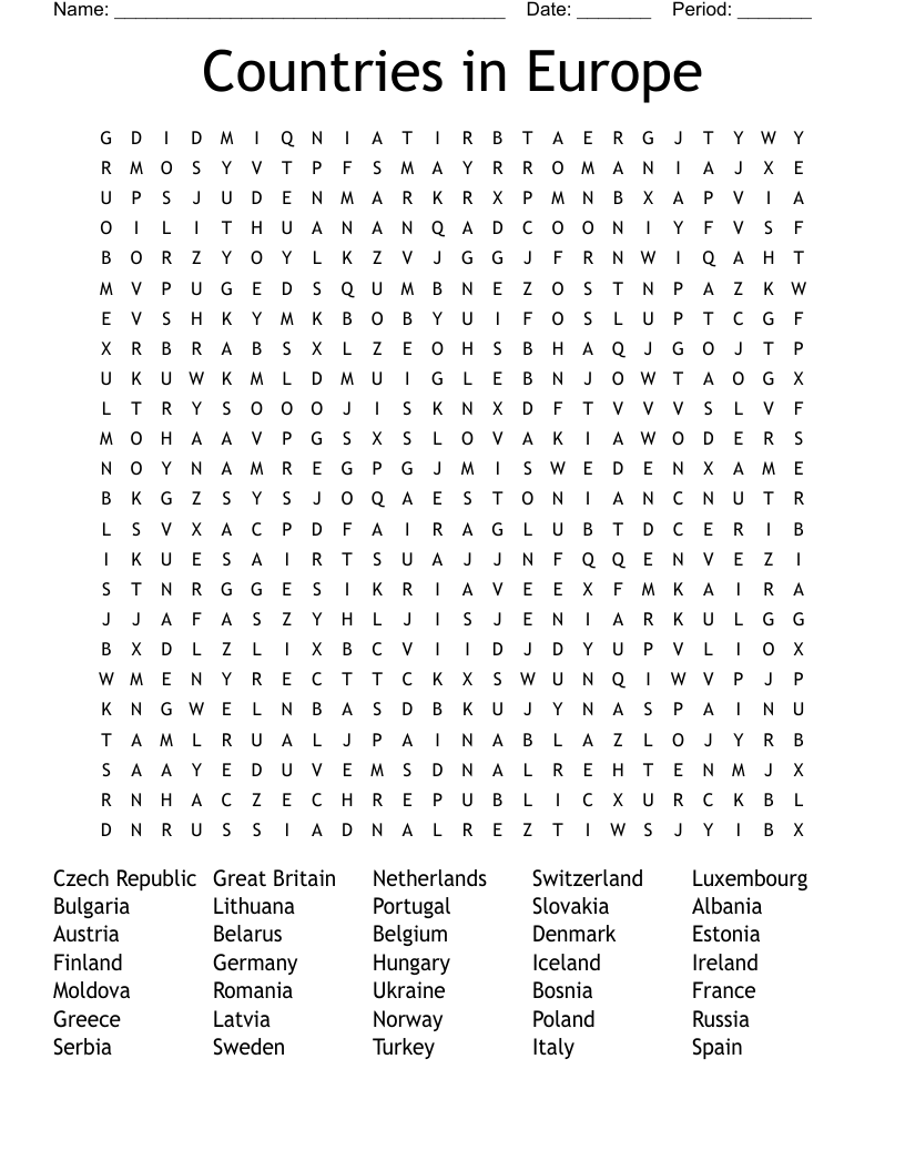 50 European Countries Word Search WordMint
