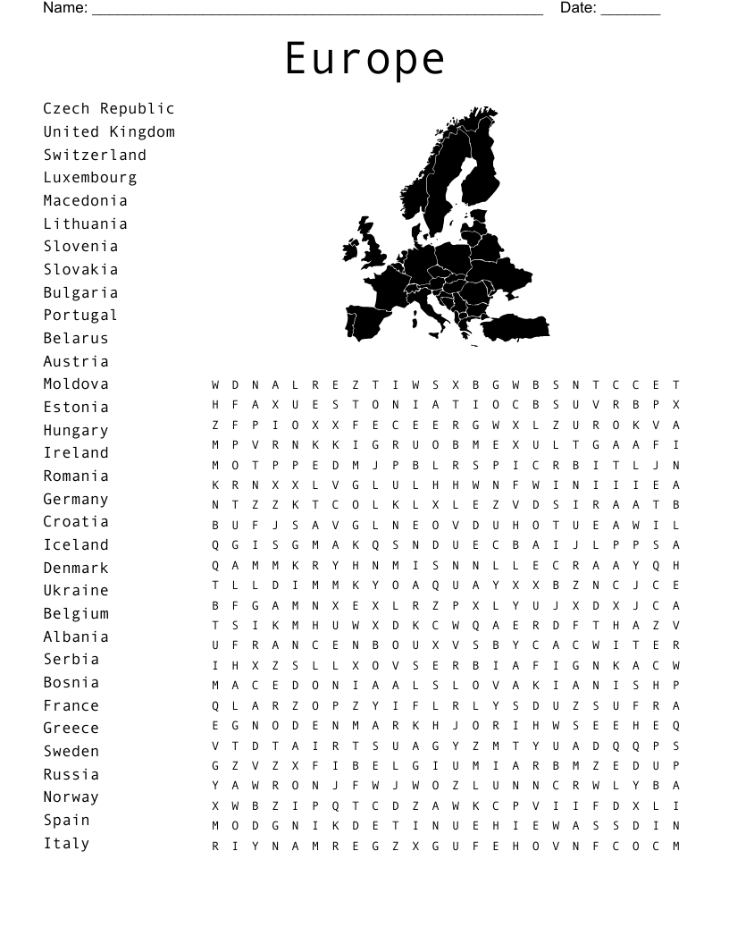 50 European Nations Word Search WordMint