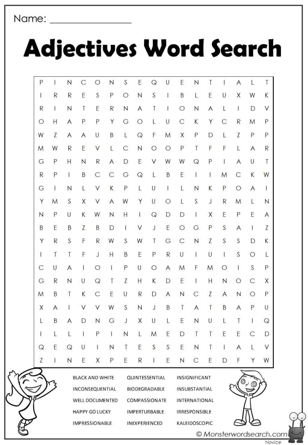 Adjectives Word Search Monster Word Search