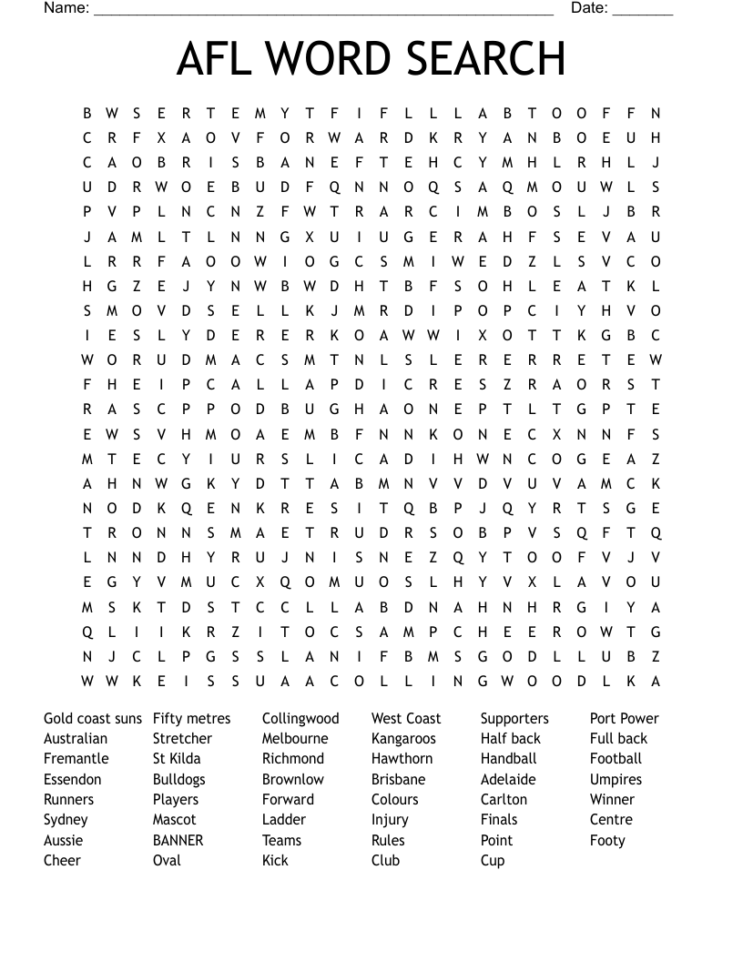 Afl Word Search Printable