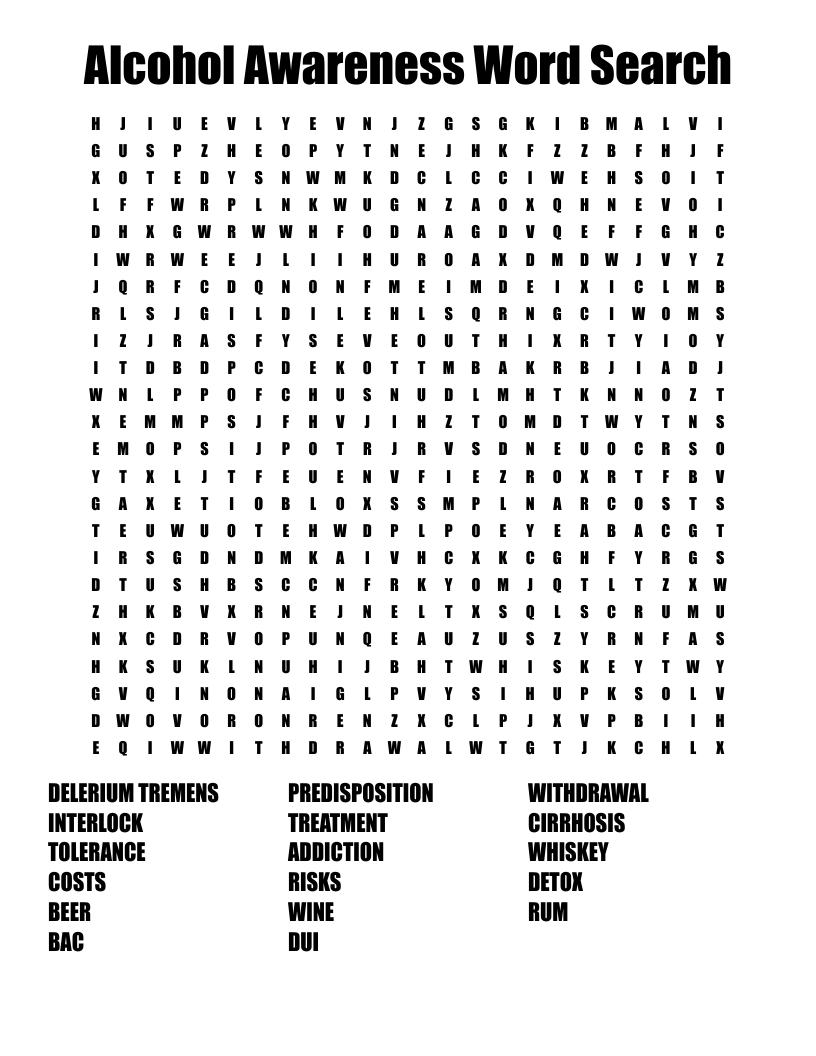 Alcohol Awareness Word Search WordMint
