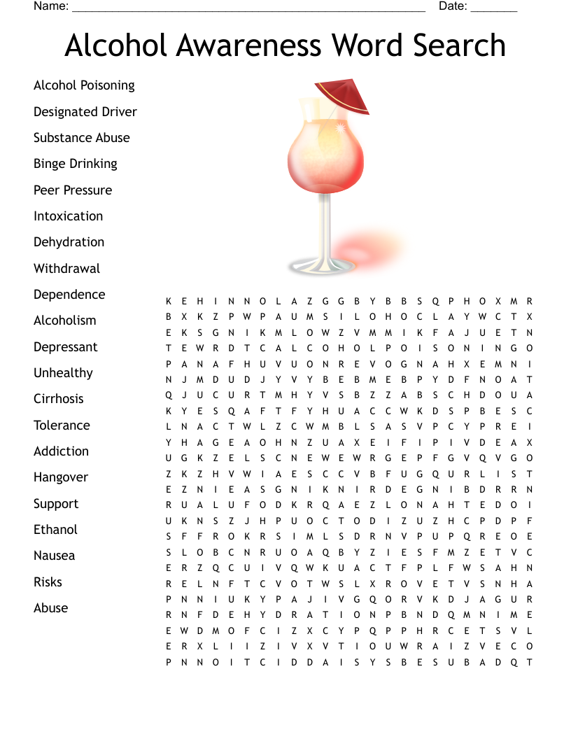 Alcohol Awareness Word Search WordMint