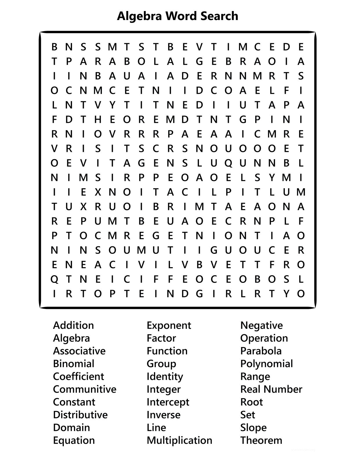 Algebra Word Search Printable