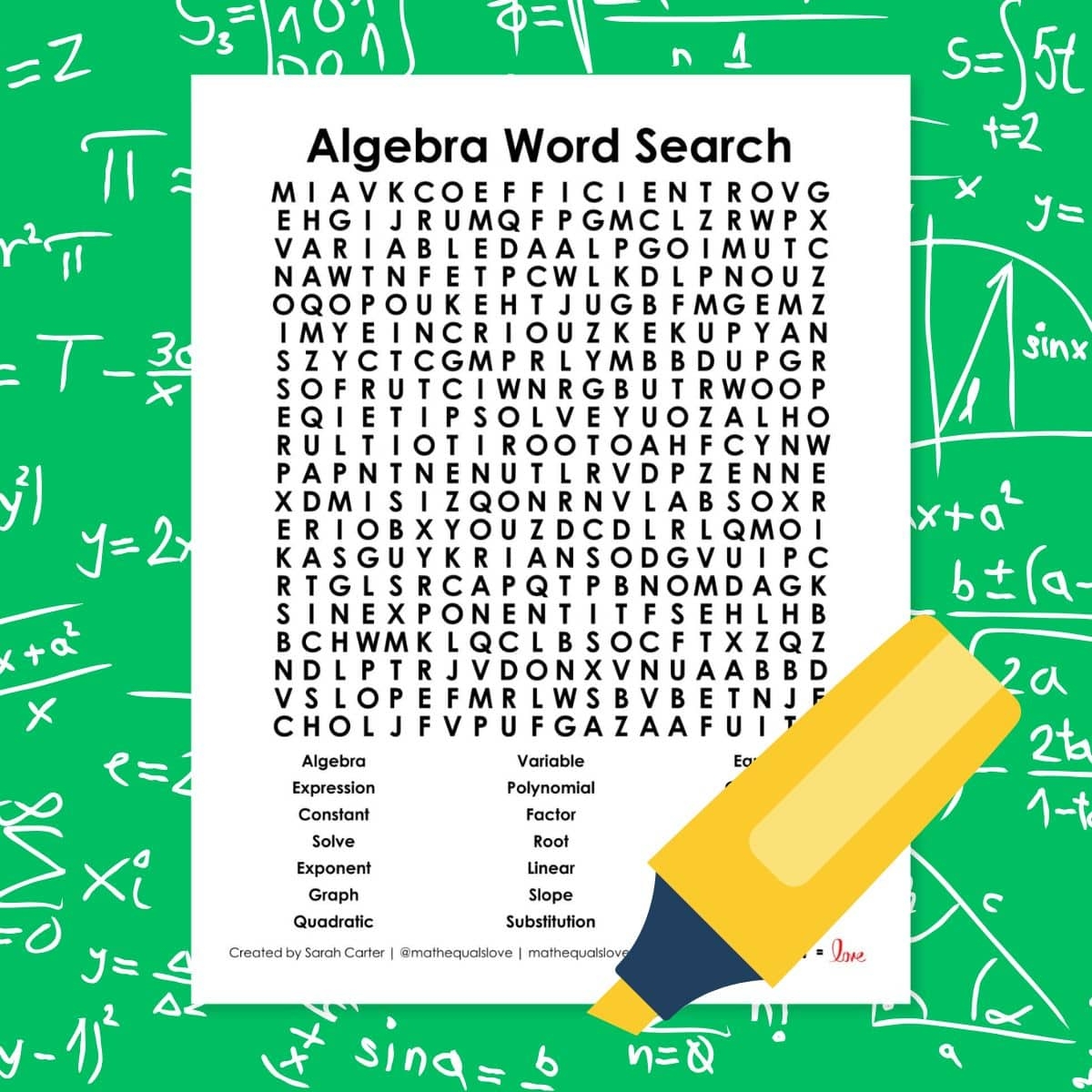 Algebra Word Search Puzzle Math U003d Love