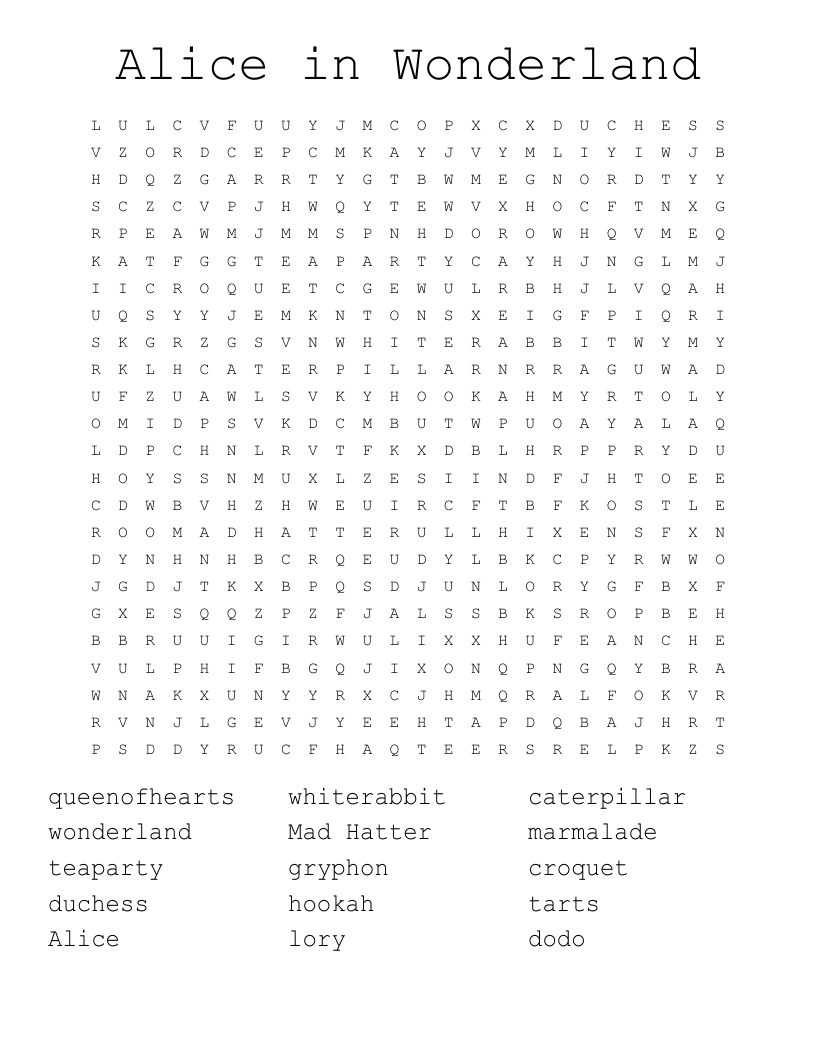 Alice In Wonderland Word Search Printable