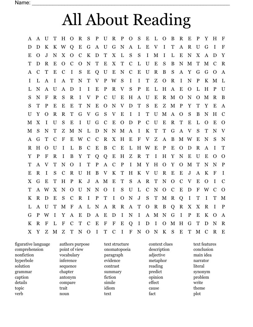 Reading Word Search Printable