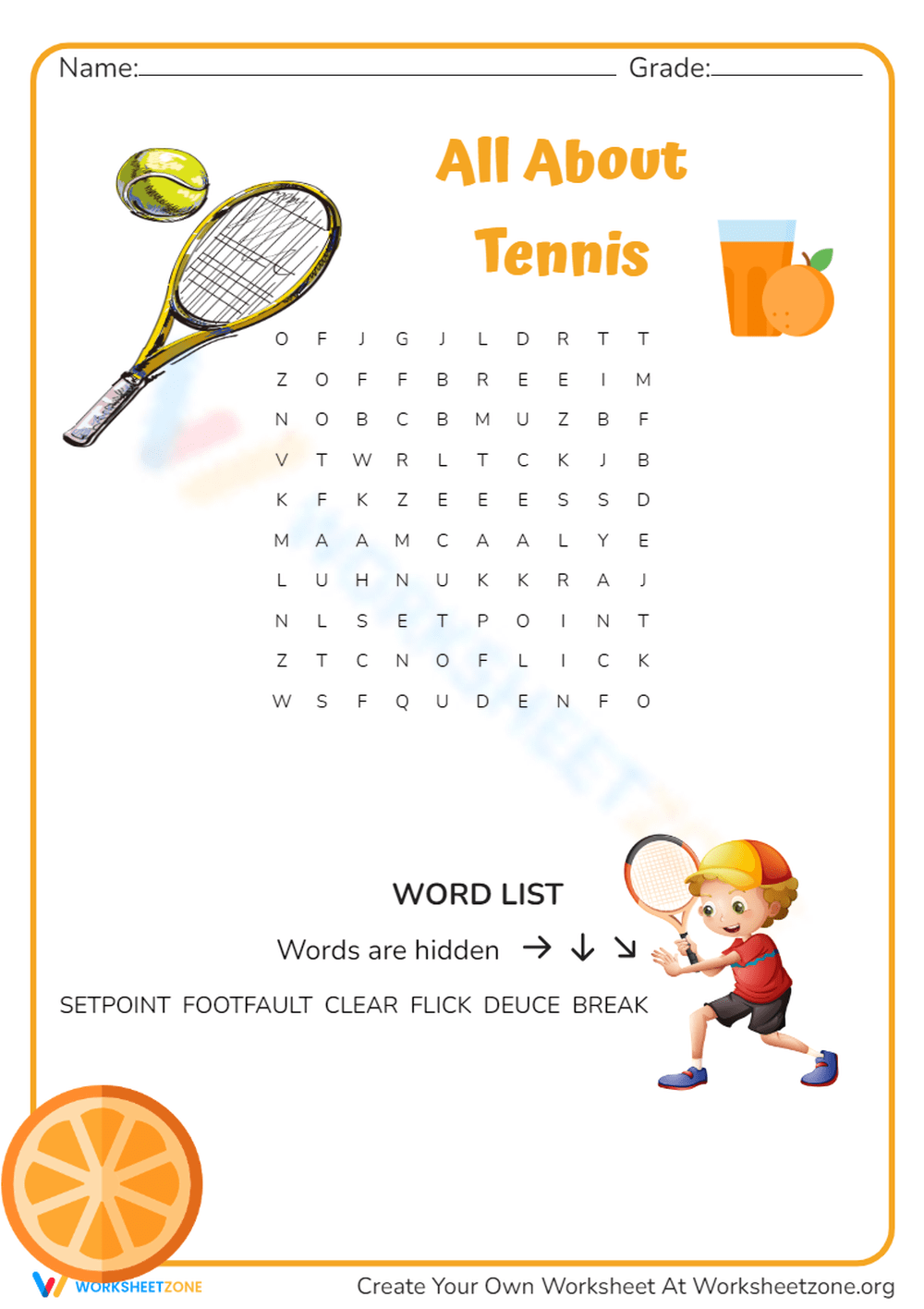 All About Tennis Word Search