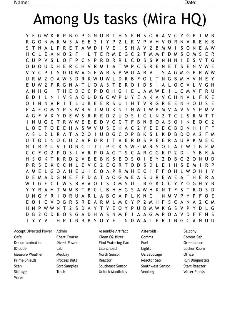 Among Us Tasks Mira HQ Word Search WordMint