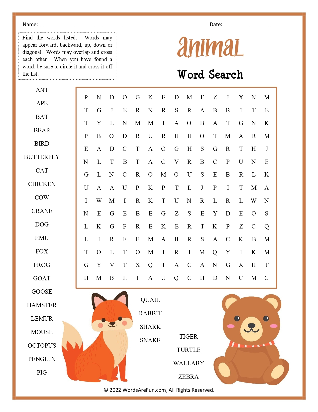 Free Printable Animal Word Search
