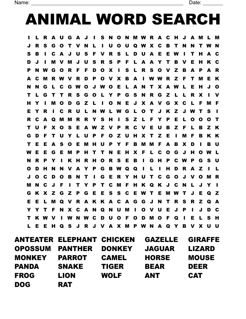 Difficult Animal Word Search Printable