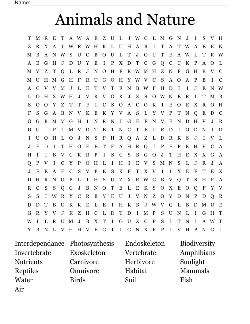 Animals And Nature Word Search WordMint