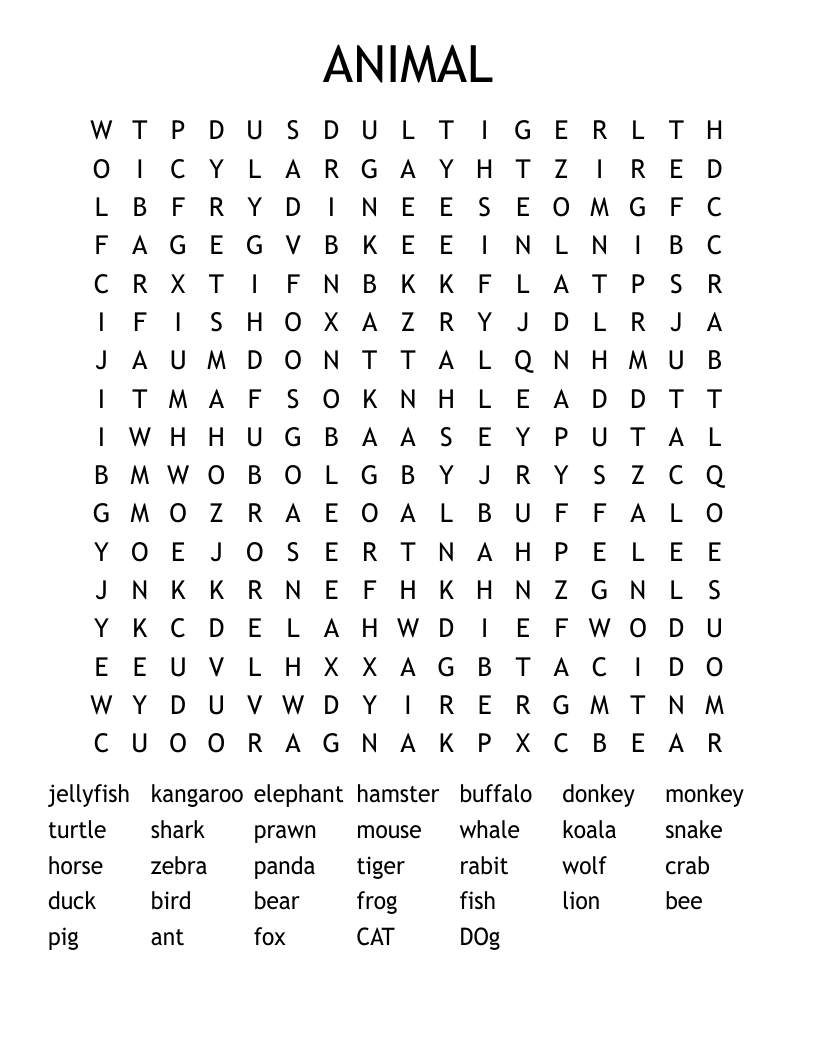 Animals Hard Word Search WordMint