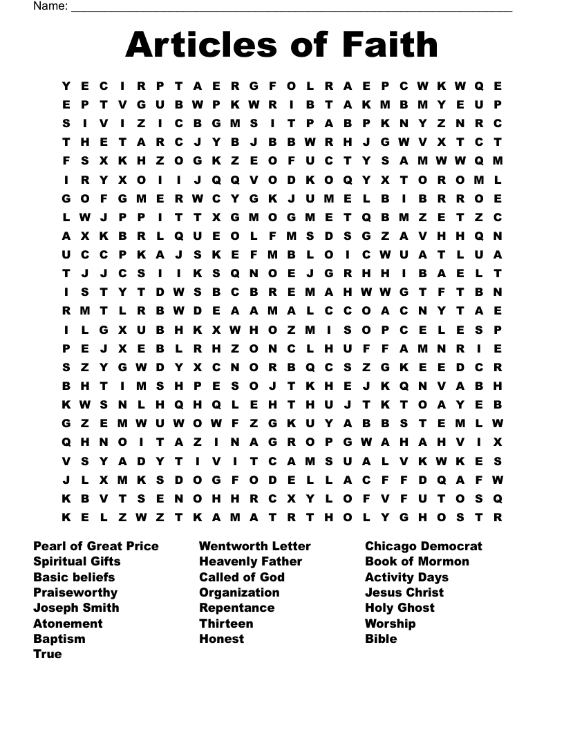 Articles Of Faith Word Search WordMint