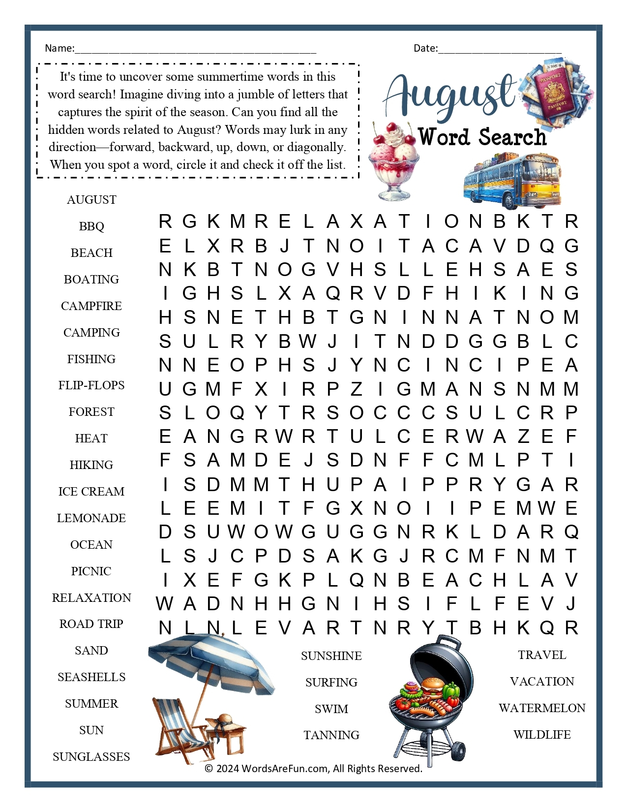 Free Printable August Word Search
