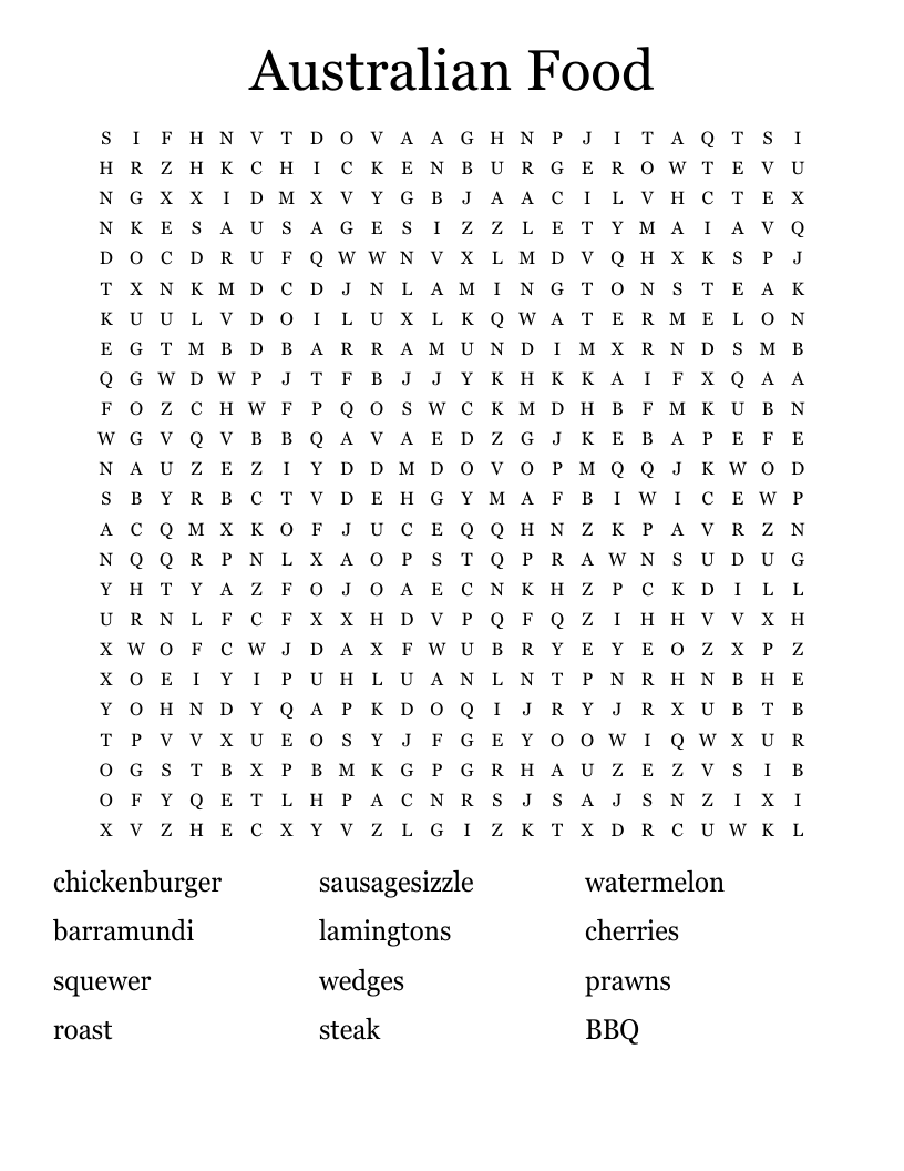 Australian Foods Word Search WordMint