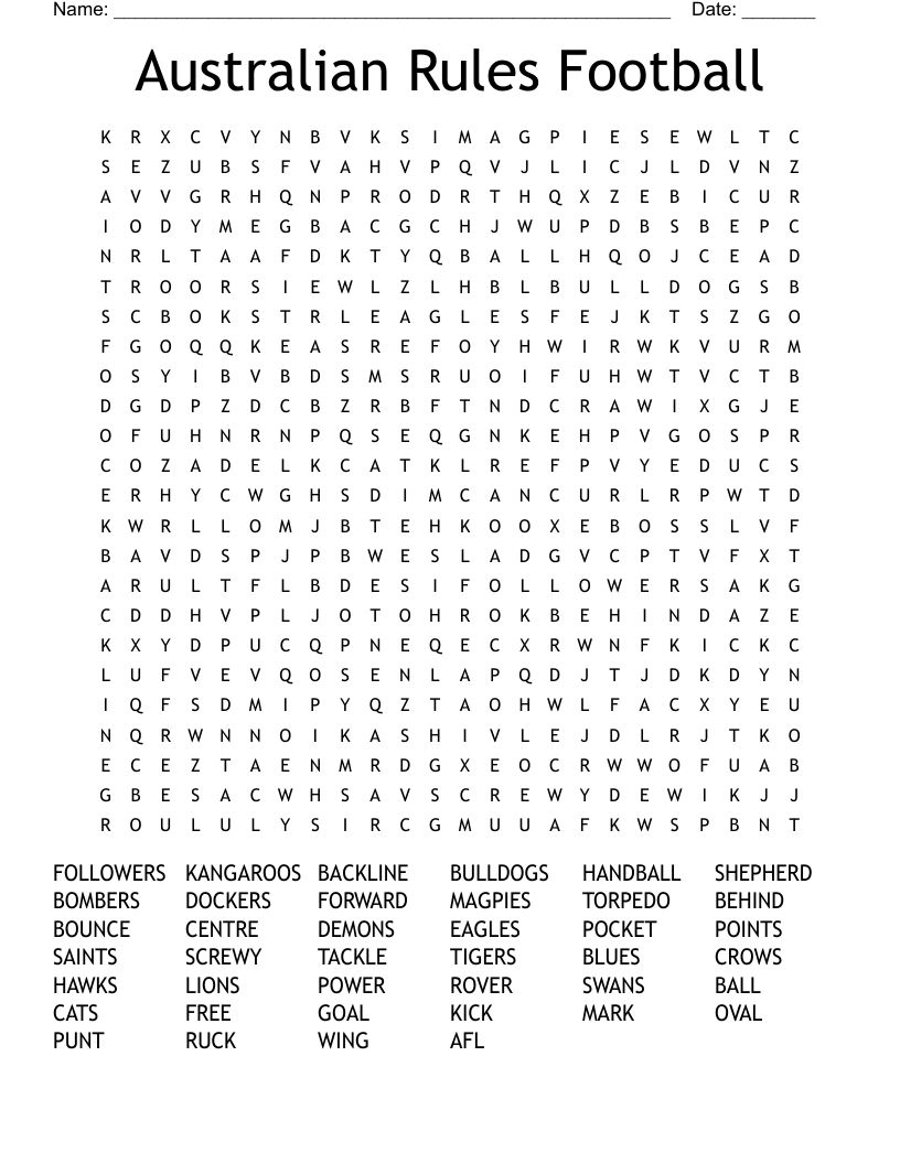 Australian Rules Football Word Search WordMint