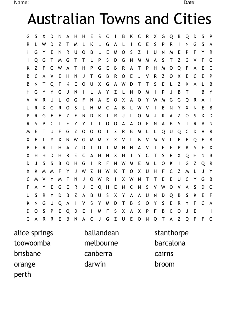 Australian Towns And Cities Word Search WordMint