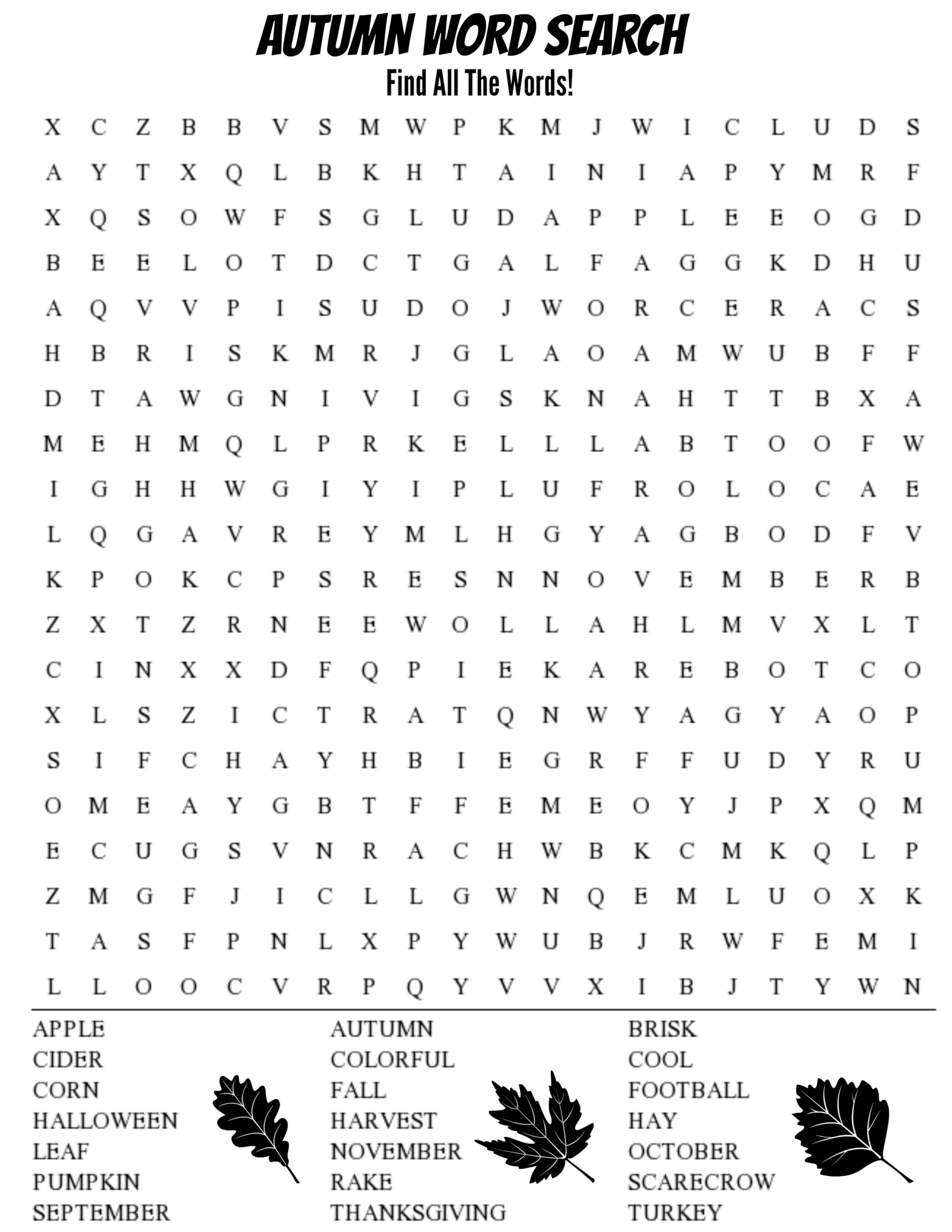Fall Word Search Printable Hard