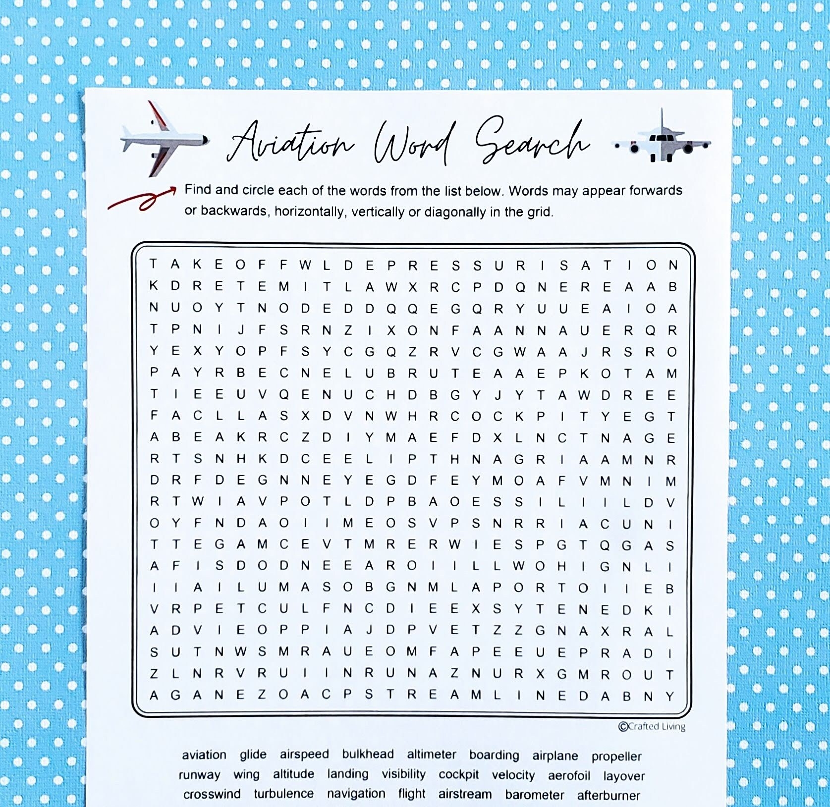 Aviation Printable Word Search Airplane Word Puzzle Party Game 