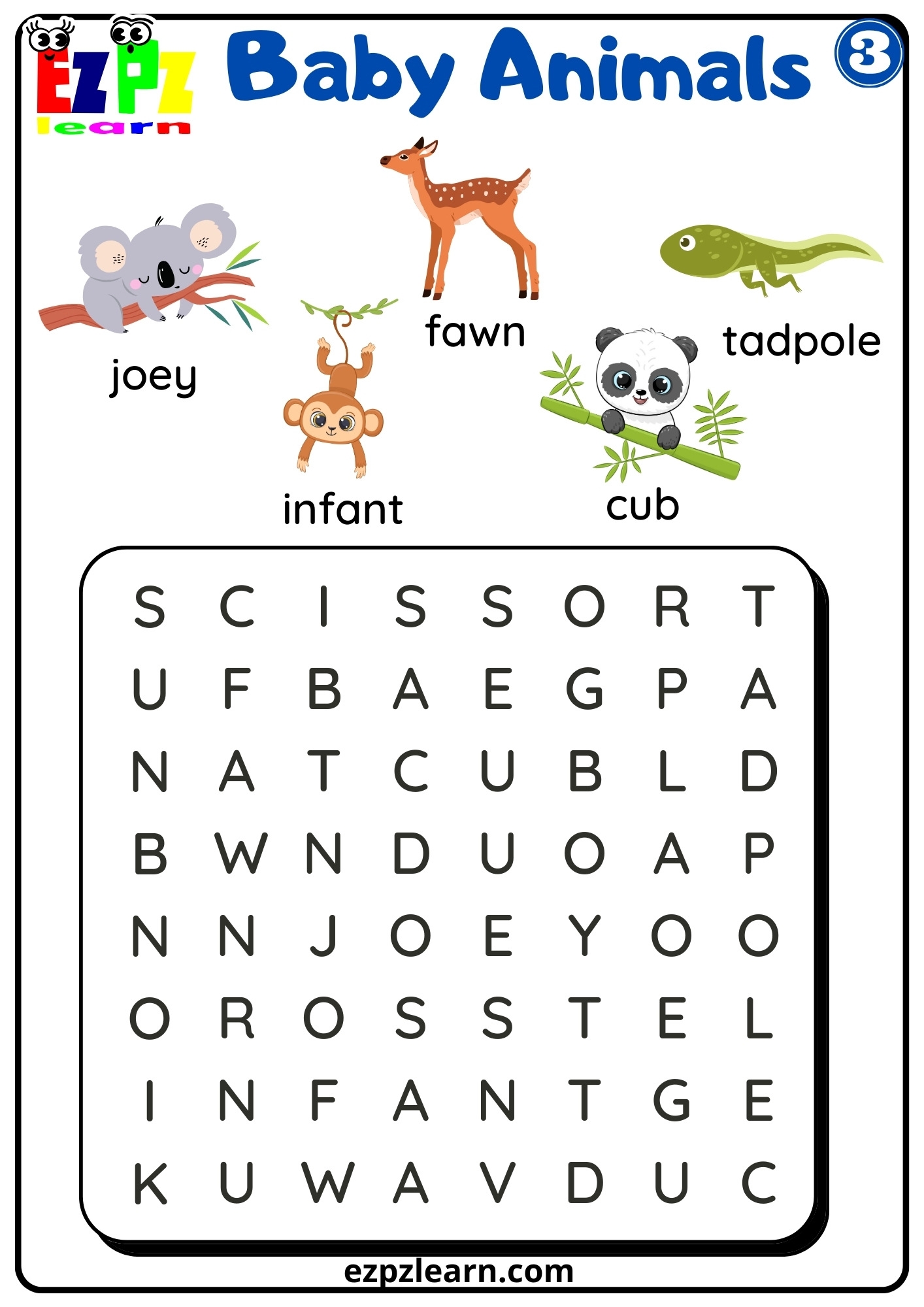 Baby Animals Vocabulary Word Search Worksheet For English Language Learners Preschool And Kindergarten Students Free Download 3 Ezpzlearn