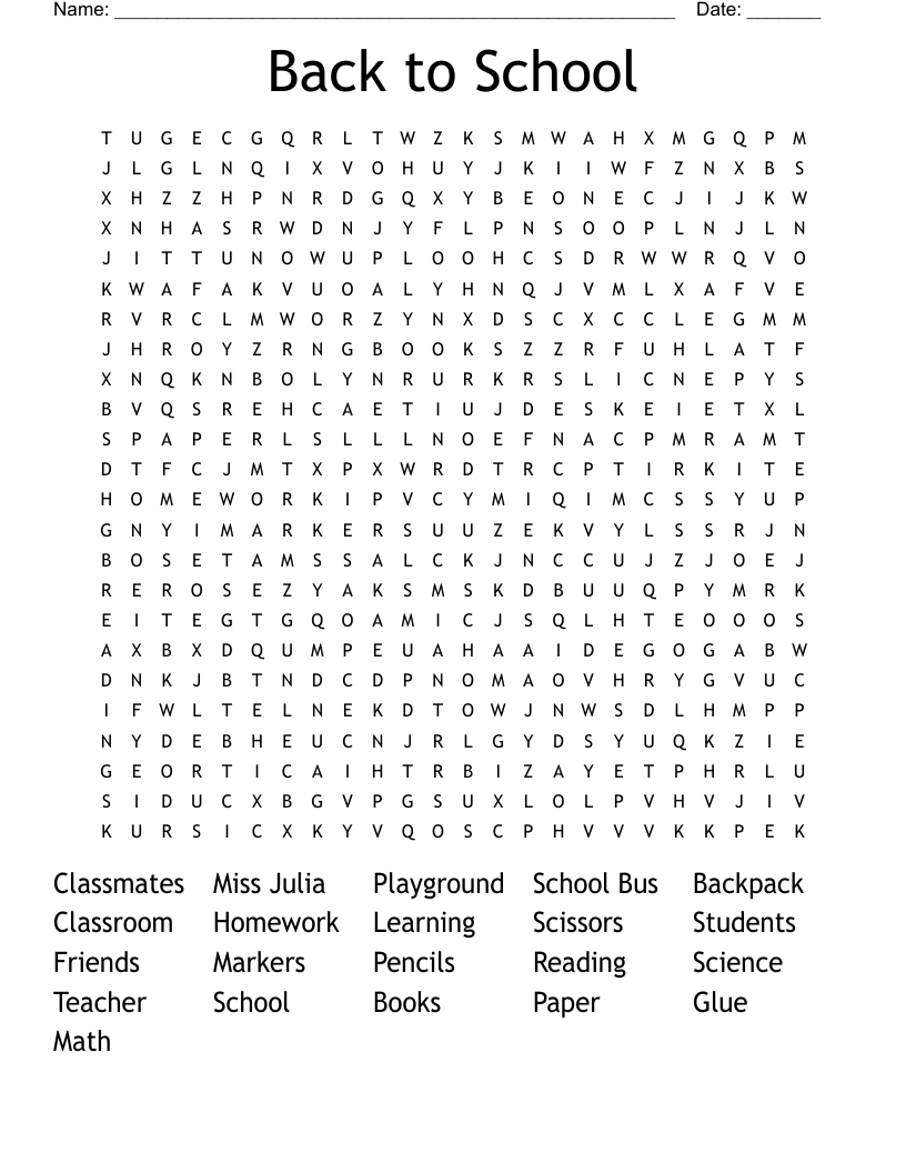 Printable Back To School Word Search