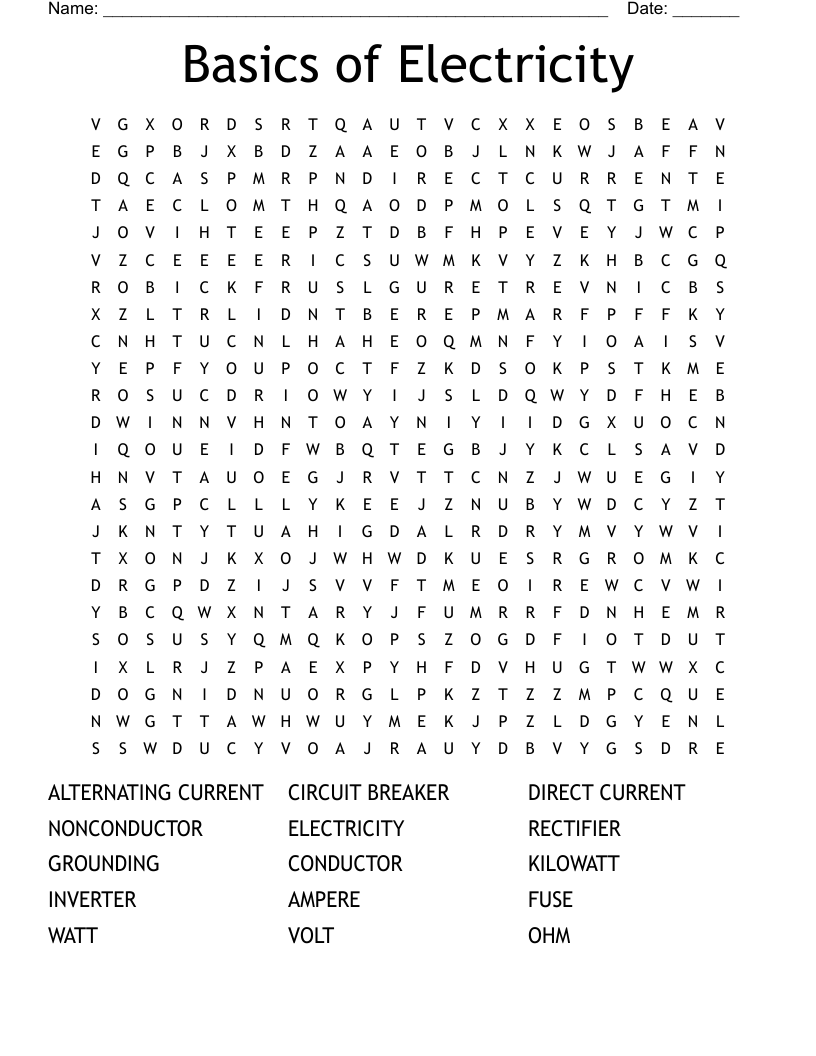 Electricity Word Search Printable