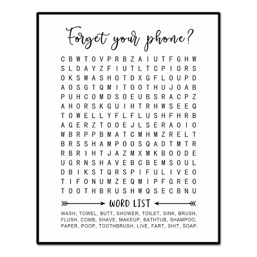 Bathroom Word Search Forget Your Phone Word Search Puzzle Bathroom Wall Art Bathroom Sign 8x10 Inch Unframed