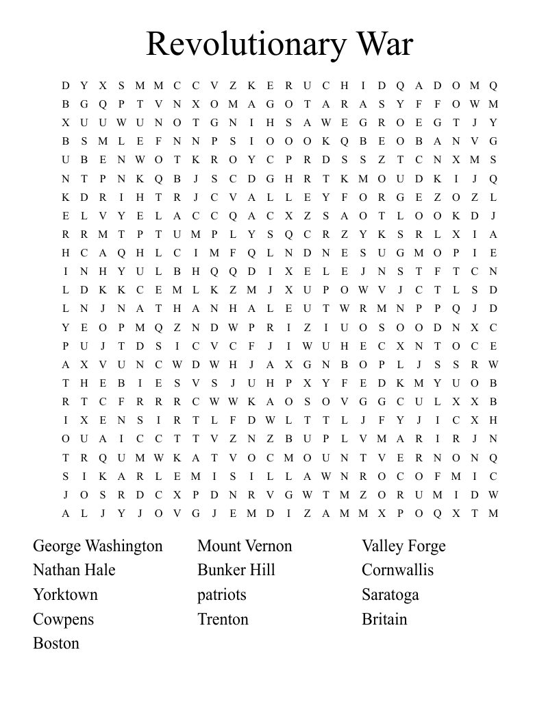 Battles Of The Revolutionary War Word Search WordMint