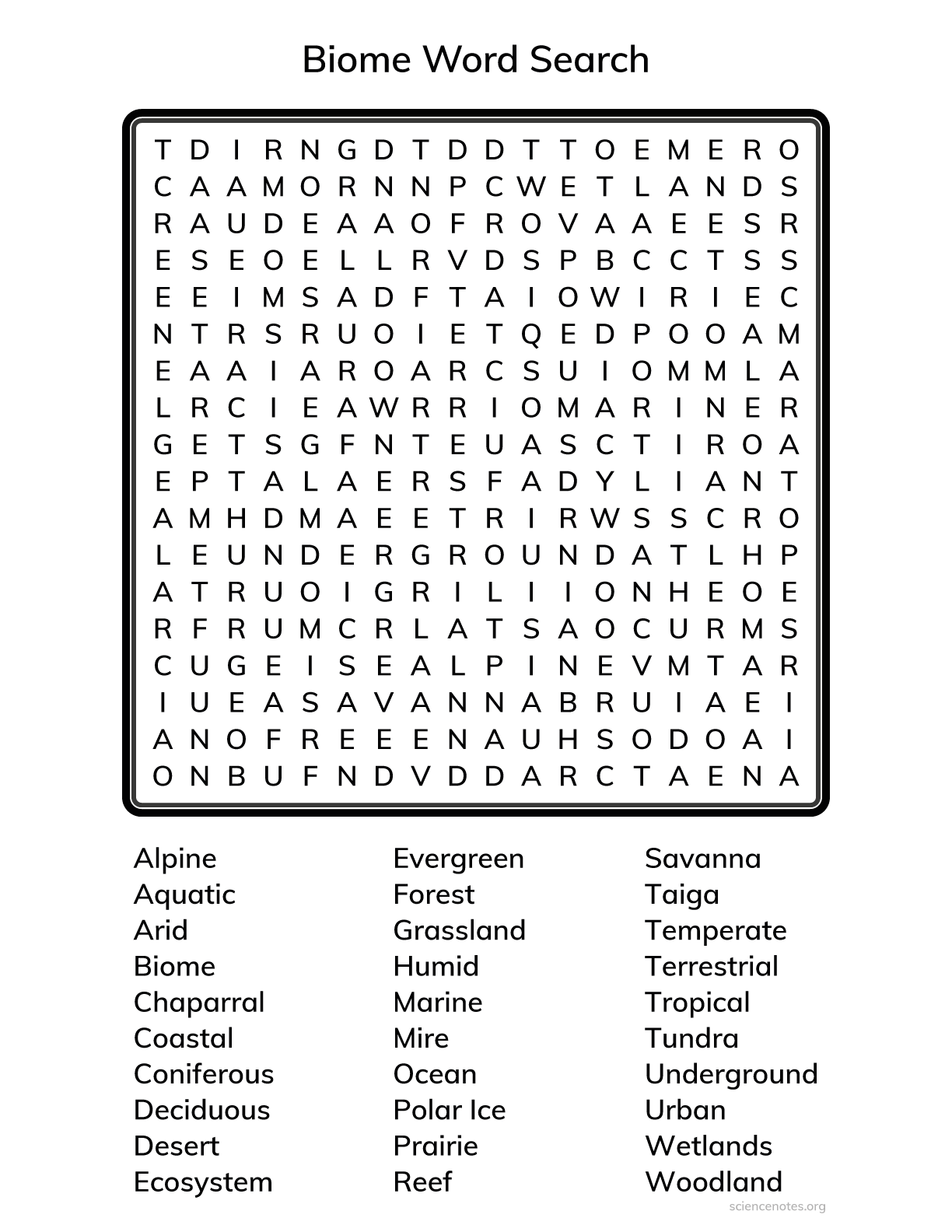 Biomes Word Search Printable