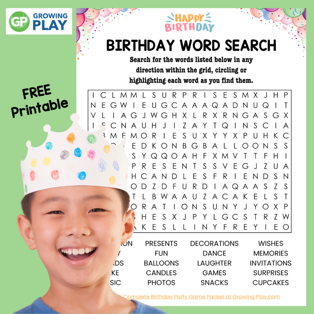 Birthday Party Word Search Free Printable Puzzle Growing Play