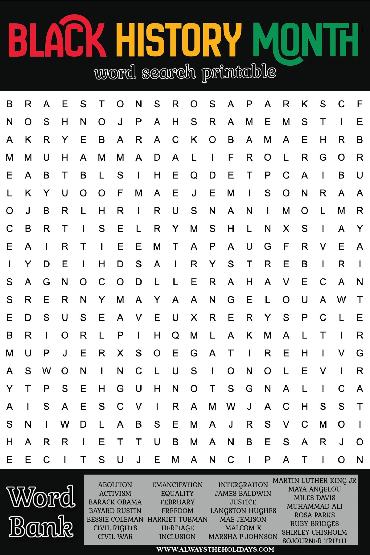 Black History Month Word Search Free Printable With Answer Key