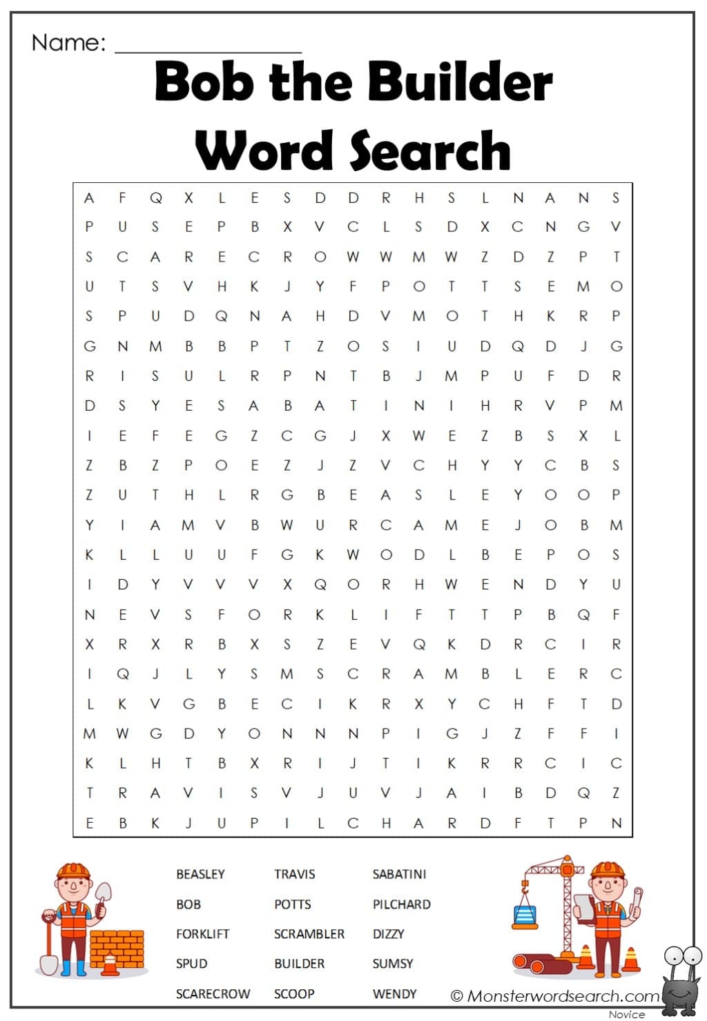 Bob The Builder Word Search Monster Word Search