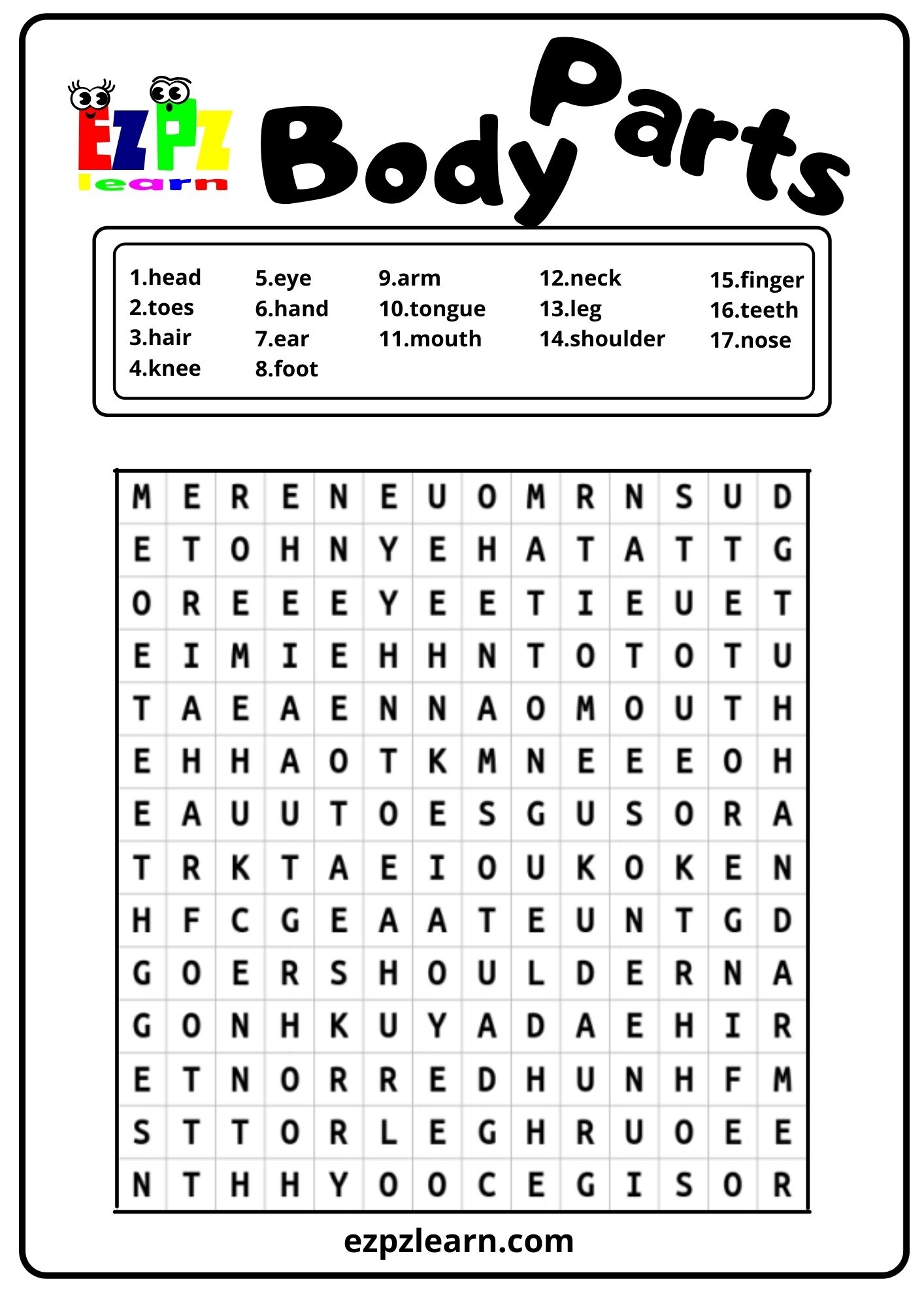 Body Parts Word Search Printable