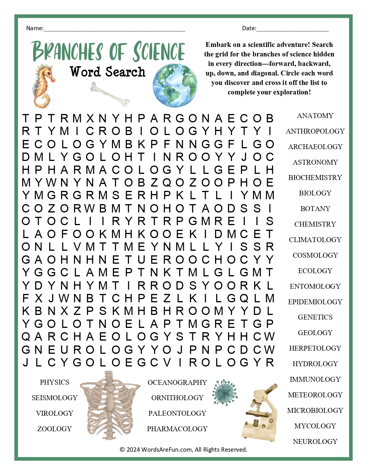 Branches Of Science Word Search
