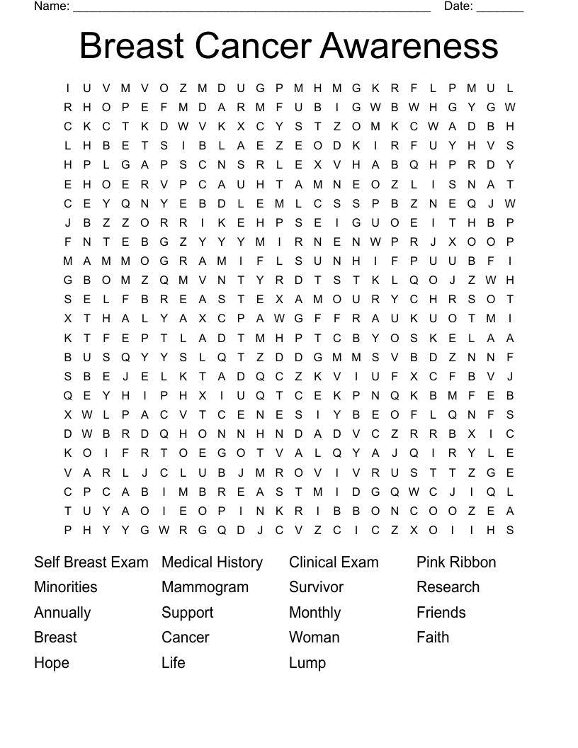 Breast Cancer Awareness Word Search Printable