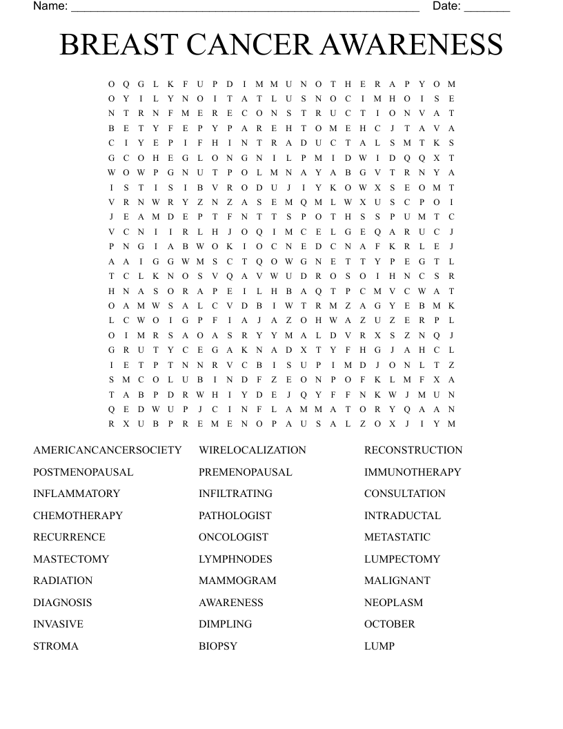 Breast Cancer Word Search WordMint