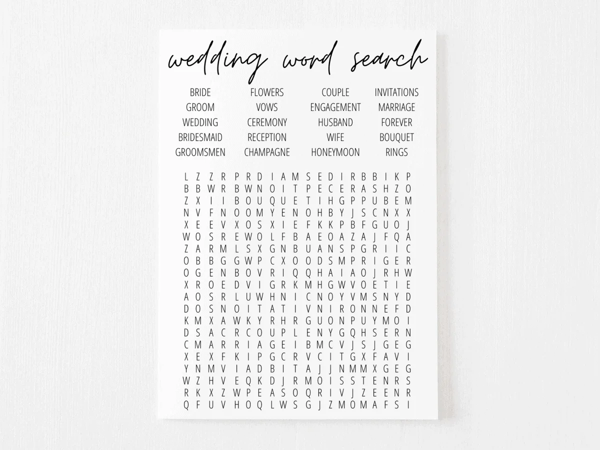Bridal Shower Word Search Free Printable