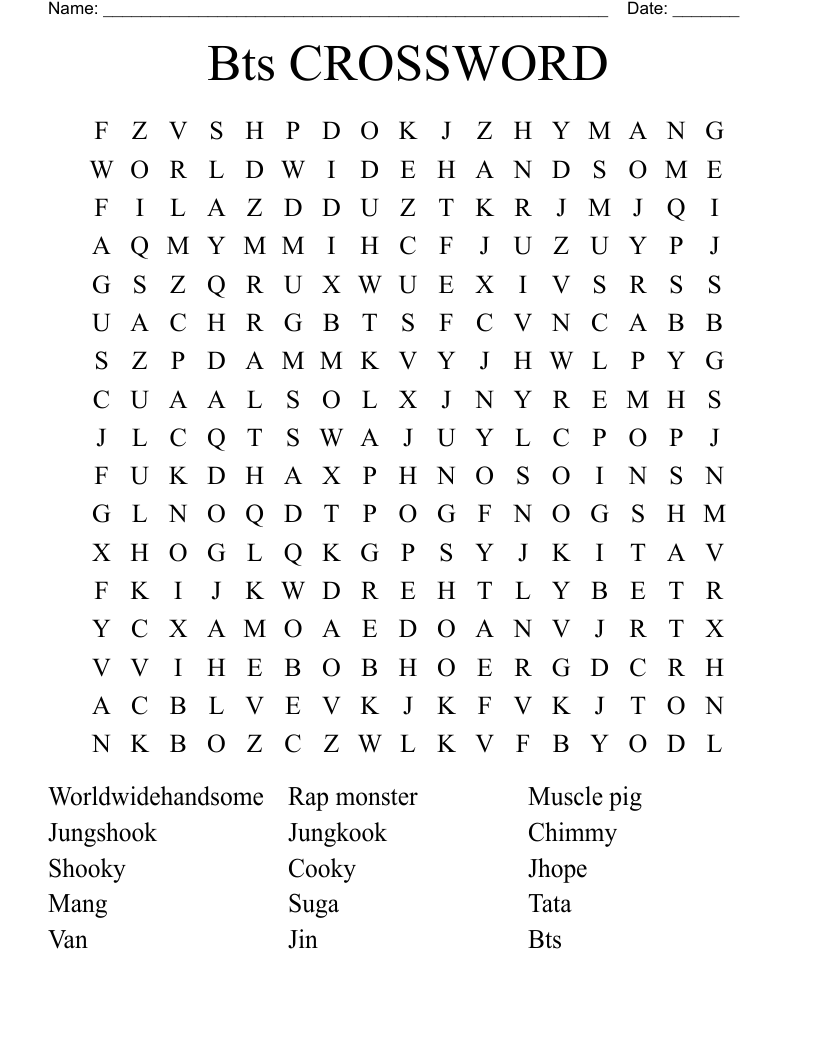 Bts CROSSWORD Word Search WordMint
