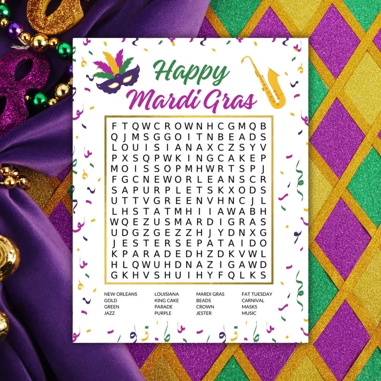 Buy Mardi Gras Word Search Fat Tuesday Party Game New Orleans 