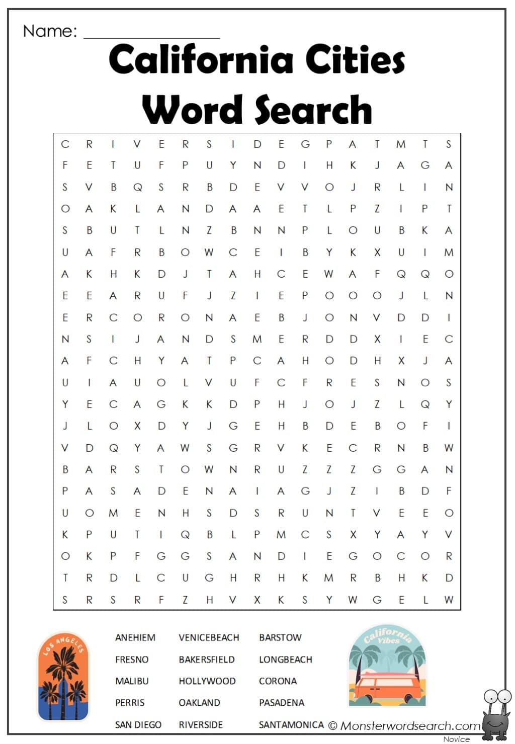 California Cities Word Search Monster Word Search