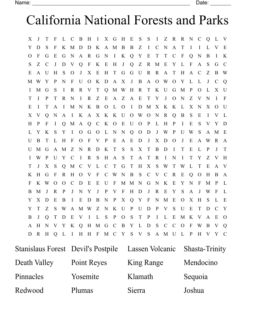 California National Forests And Parks Word Search WordMint