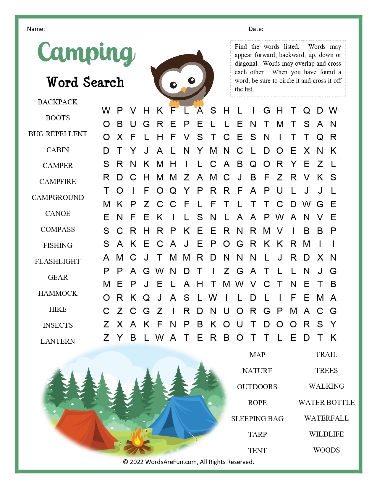 Camping Word Search For Kids
