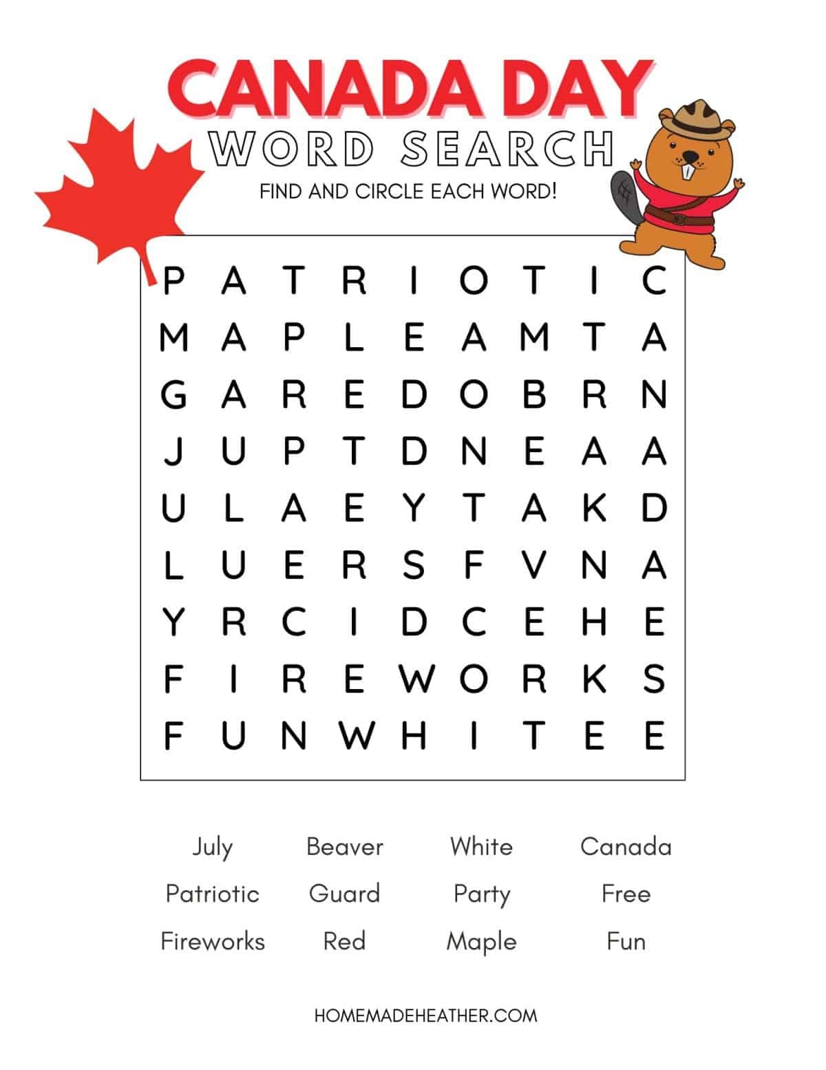 Free Printable Canada Day Word Search